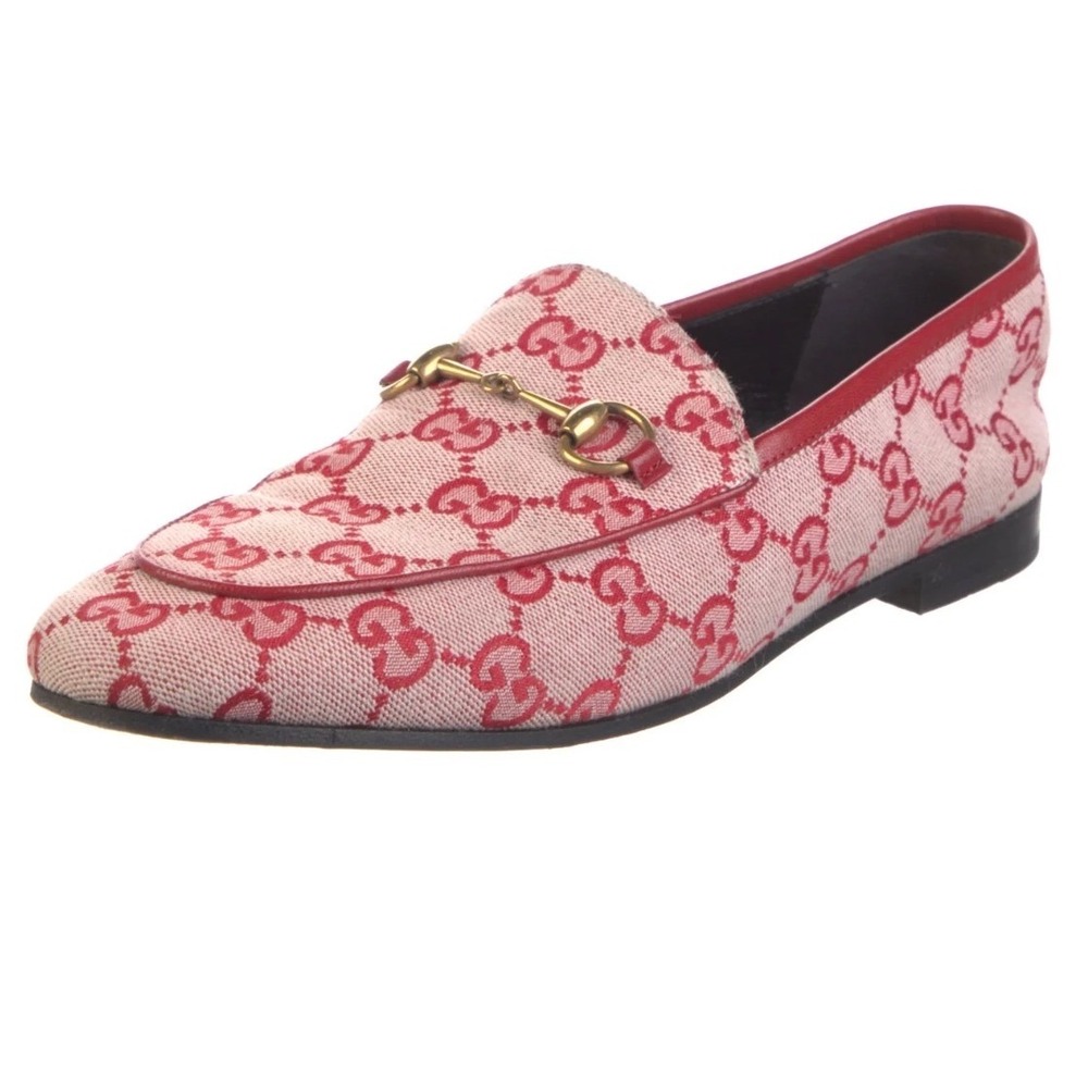 Gucci Jordaan Loafers Pink GG Monogram Canvas Horsebit Shoes IT 41 Mens‎ 8 US